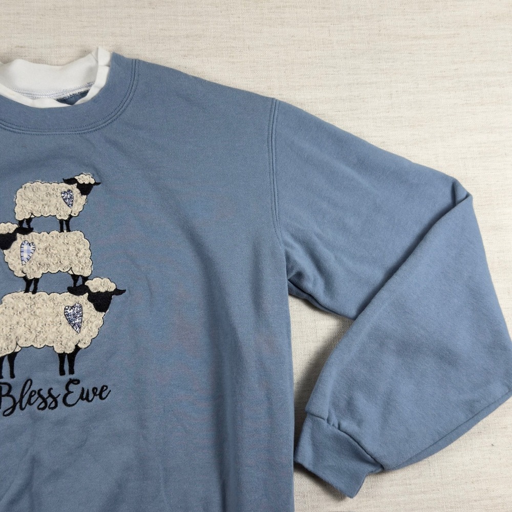 Morning Sun‎ Vintage Bless Ewe Sheep Stack Sweatshirt Blue Small Grandma Chic - Picture 3 of 9